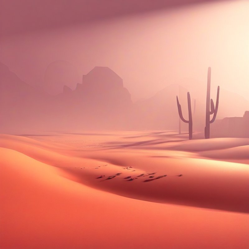 Pink desert dunes with silhouettes of tall cacti and hazy distant mountains at sunrise.