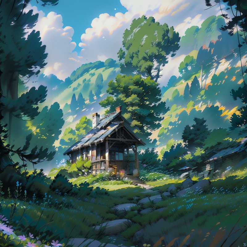 Cozy wooden cabin in a sunlit, lush forest with rolling mountains and vibrant greenery.