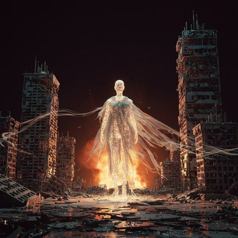 Glowing translucent humanoid figure rising amid fiery ruins of a shattered city at night.