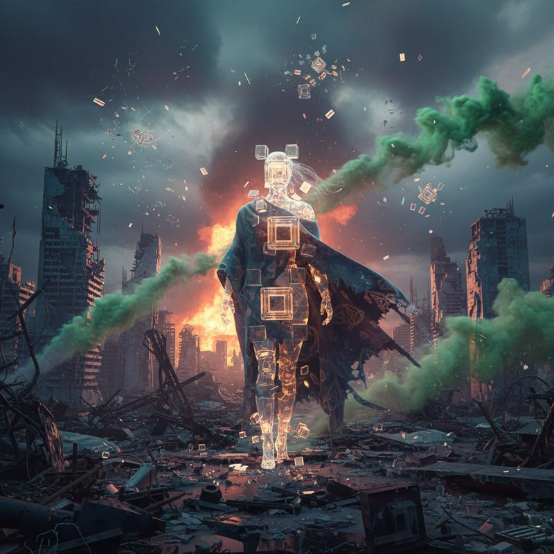Glowing transparent humanoid figure walking through a ruined city with green smoke and fire behind