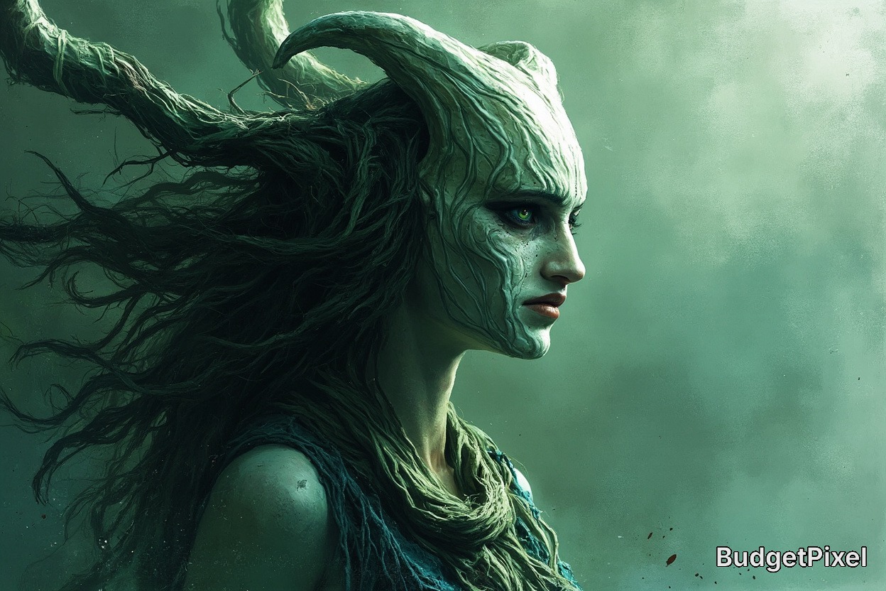 Fantasy woman with plant-like mask and flowing hair, wind-swept green tones.