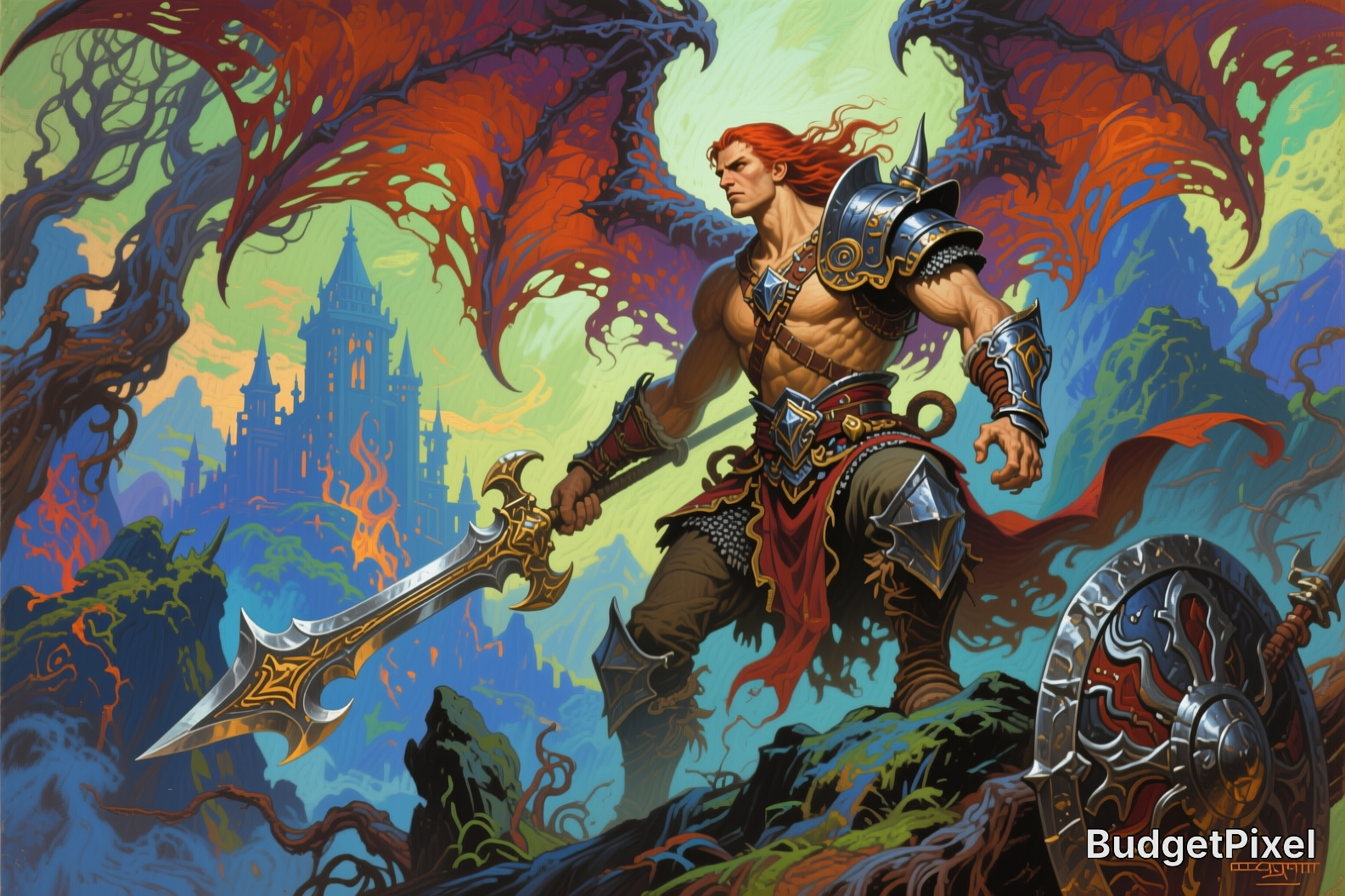 Bold muscular fantasy warrior with oversized sword and shield in a colorful fantasy landscape