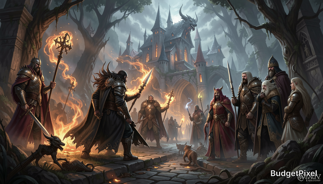 Epic fantasy knights in armor confront a crowd near a castle under torchlit skies in a cinematic battle scene.