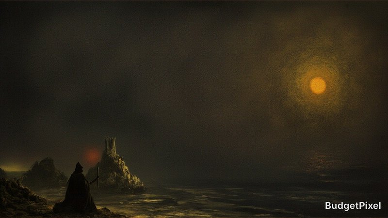 Silhouetted figure with a staff on a rocky shore at dusk under a hazy orange moon over the sea.