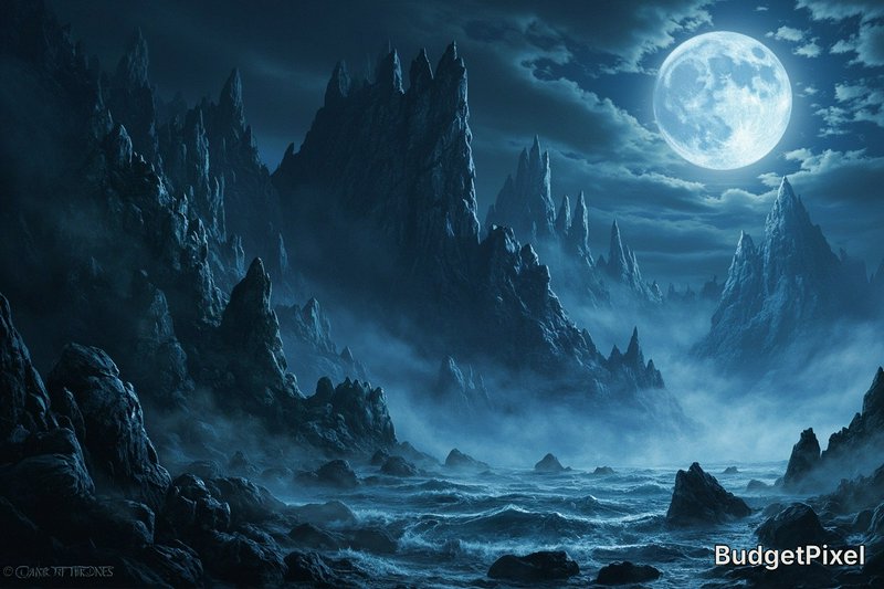 Moonlit jagged rocky landscape with misty fog and a bright full moon
