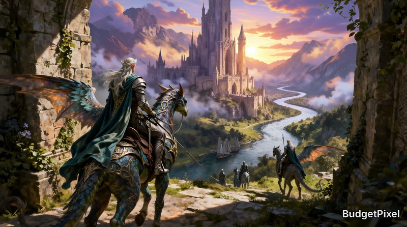 Dragon riders approach a towering fantasy castle along a winding river at sunset.