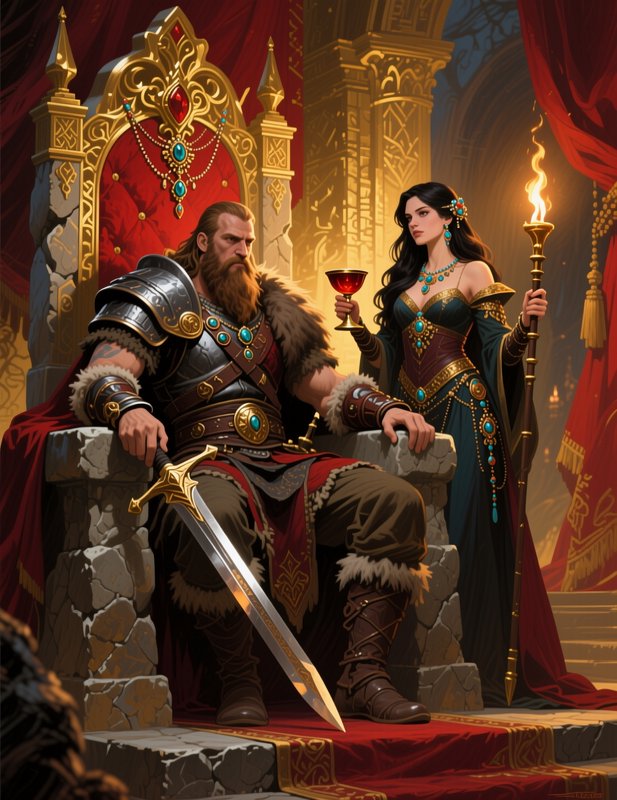 Bearded warrior king sits on a jewel-encrusted throne as a regal queen stands beside him holding ...