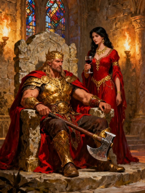 Fantasy king in gilded armor sits on a stone throne with a battle axe, beside a queen in a red go...