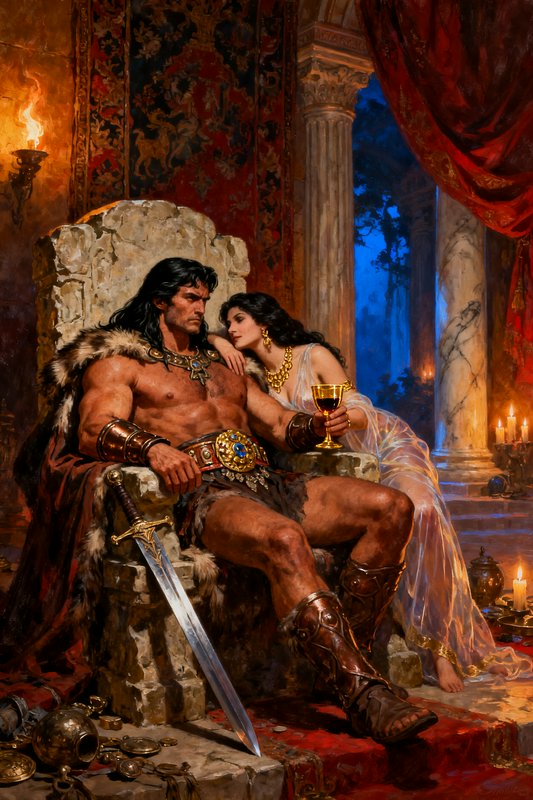 Stoic muscular barbarian king sits on a fur-lined stone throne, elegant queen leans beside him ho...