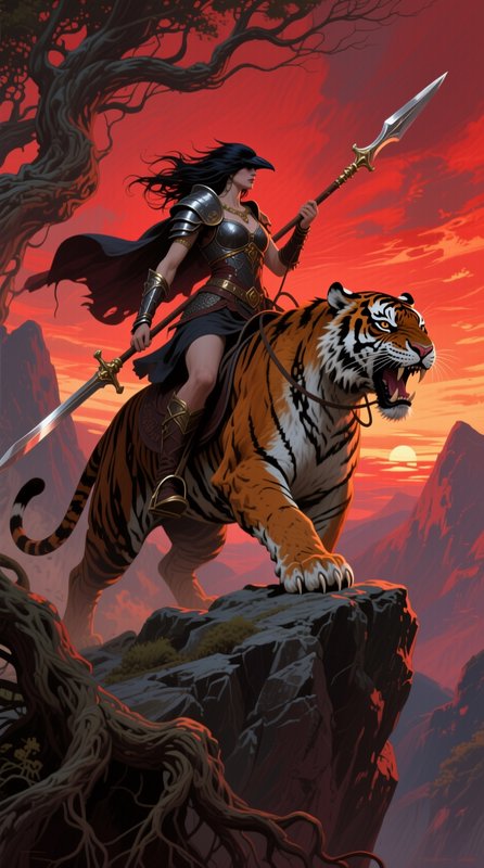 Armored female fantasy warrior riding a roaring tiger atop a rocky cliff under a dramatic fiery r...