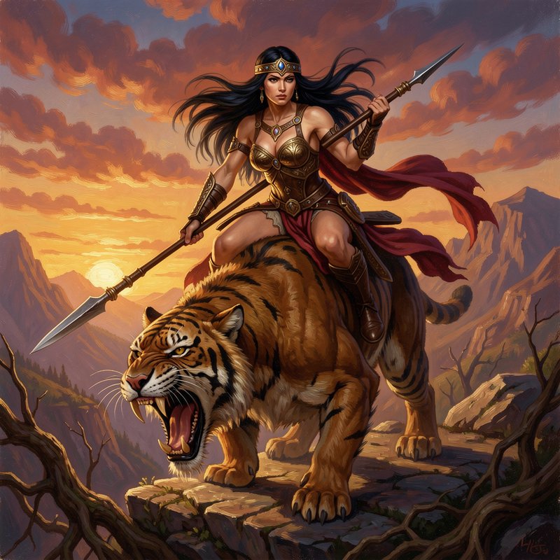 Armored fantasy warrior queen holding a spear, mounted on a roaring giant sabertooth tiger atop a...