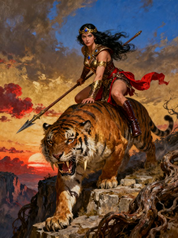 Fantasy warrior queen in gilded armor rides a roaring sabertooth tiger on a cliff, holding a spea...
