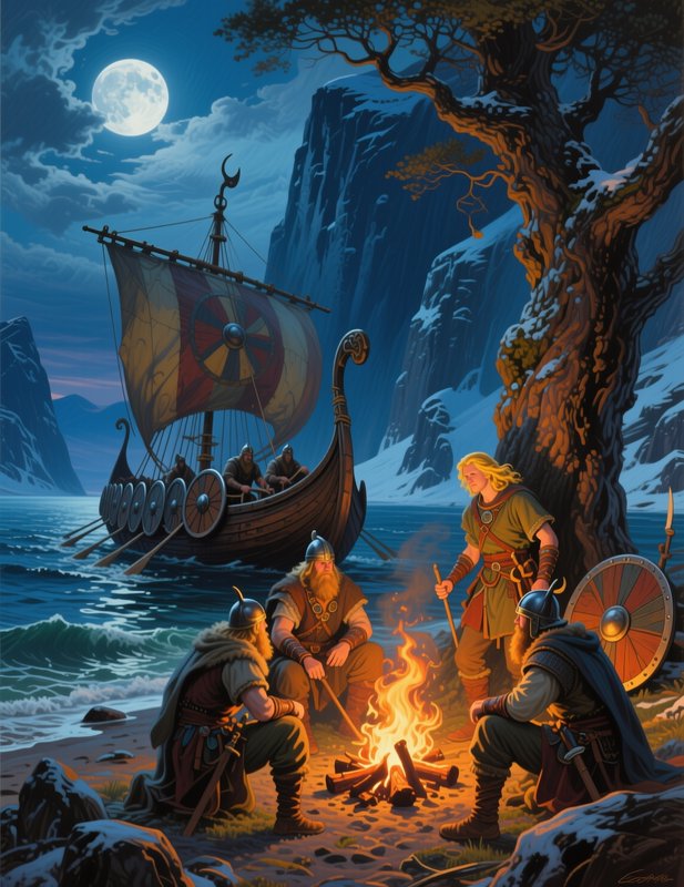 Viking warriors gather around a shore campfire under a full moon, with a Norse longship anchored ...