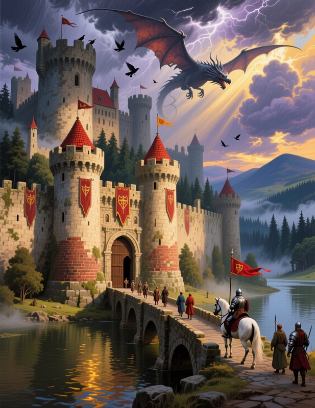 Menacing winged dragon looms over a medieval stone castle, with knights and villagers crossing a ...