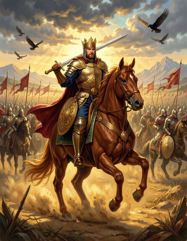 Crowned medieval king in gilded armor rides a chestnut warhorse leading an armored army across a ...