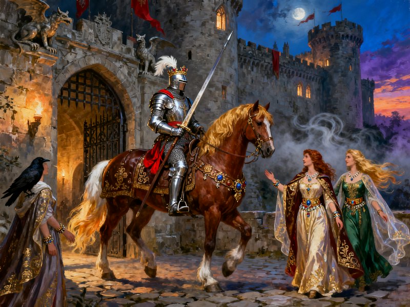 Armored crowned knight on a decorated war horse is greeted by royal women at a medieval stone cas...
