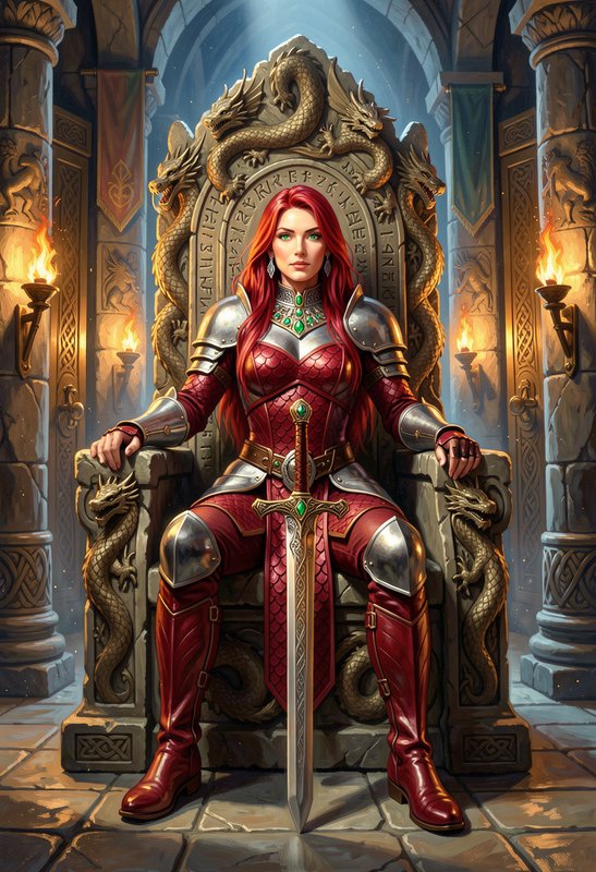 Red-haired armored fantasy warrior queen seated on an ornate dragon-carved stone throne, greatswo...