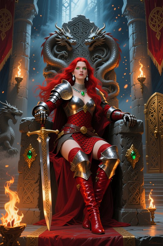 Red-haired fantasy warrior queen sits on a dragon-carved stone throne holding an ornate gilded sw...