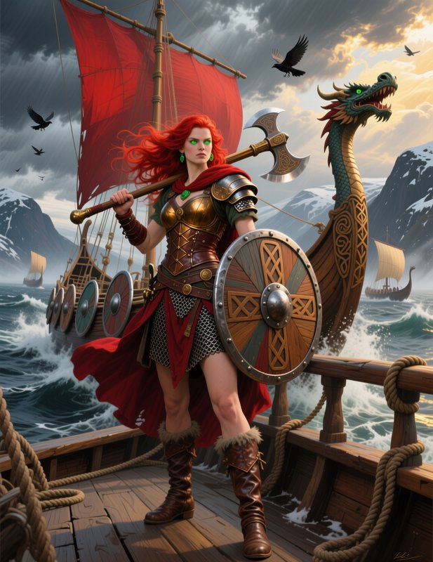 Red-haired viking warrior holds axe and shield while standing on a dragon-headed longship in a st...