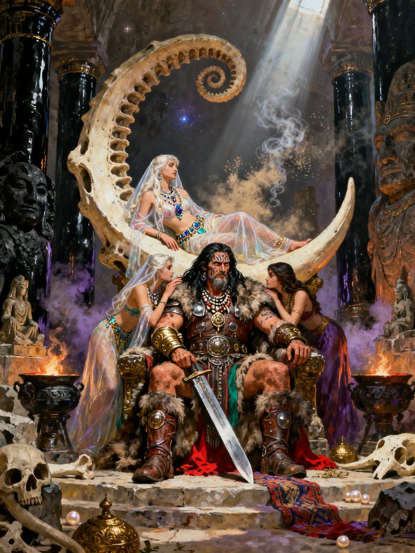 Barbarian king with sword sits on giant bone throne, attended by royal women in a misty ancient f...