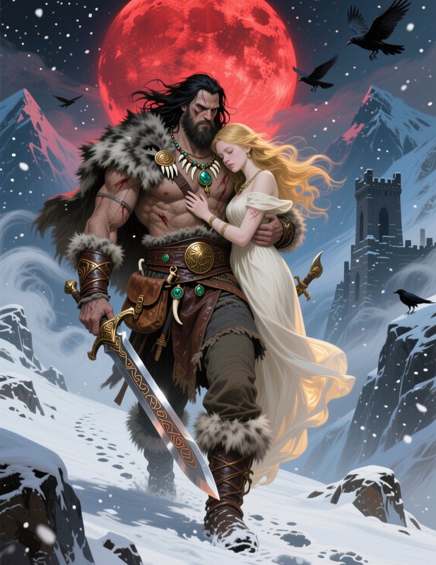 Muscular fur-cloaked viking warrior holds a blonde woman, standing in snowy mountains under a glo...