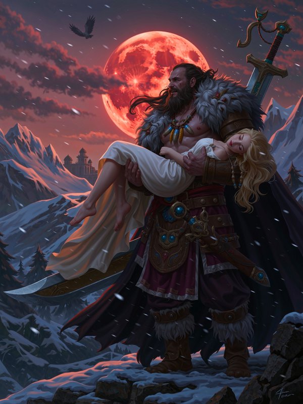 Muscular bearded barbarian warrior carries an unconscious woman under a glowing blood moon in a s...