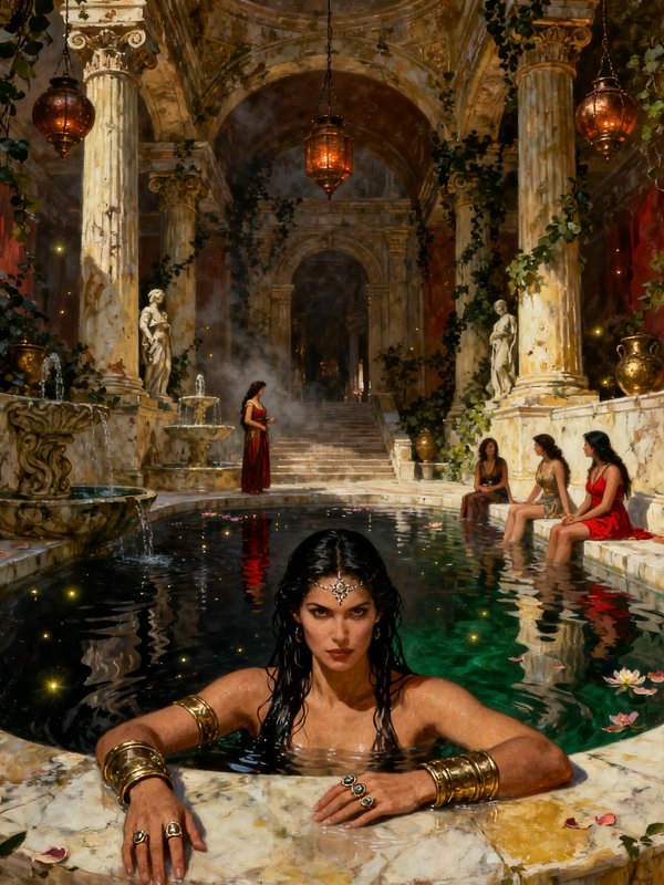 Classical painting of a regal, jewel-adorned woman leaning on a marble pool edge inside an opulen...