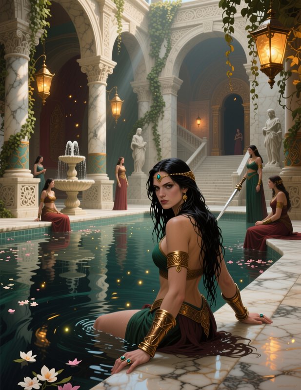 Stern dark-haired fantasy royal in gold jewelry sits at an ornate marble palace pool, with court ...