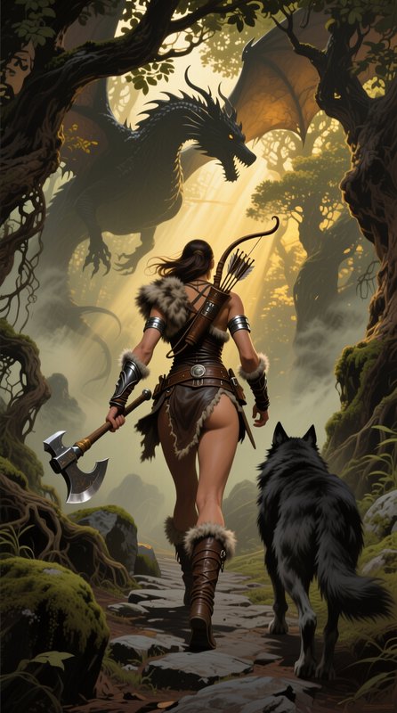 Female barbarian warrior holding an axe walks with a black wolf to face a menacing dark dragon in...