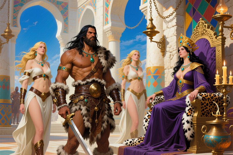 Epic fantasy scene: A fur-cloaked barbarian warrior stands before a seated royal queen and attend...