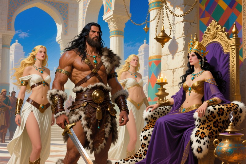 High fantasy royal court scene: queen on gilded throne, muscular bearded warrior with sword, atte...
