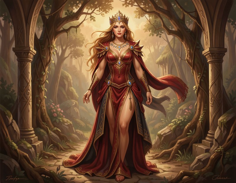 Regal blonde fantasy queen in jeweled red gown and crown stands in a sunlit enchanted forest archway