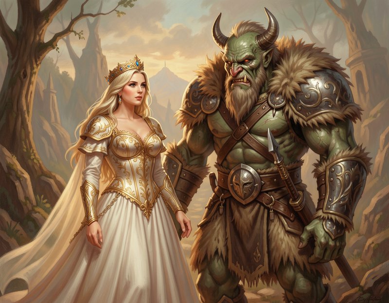Fantasy illustration of a crowned blonde queen standing beside a hulking horned green orc war chi...