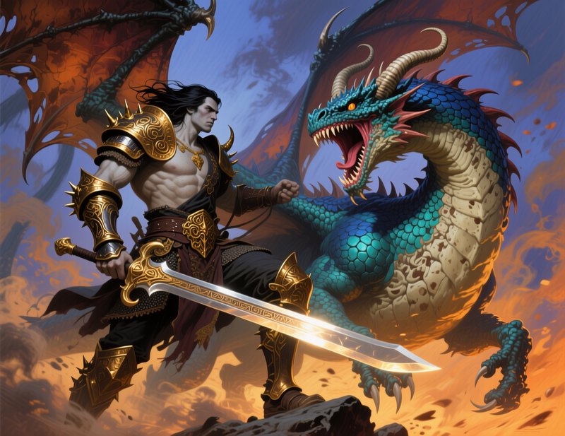Muscular armored fantasy warrior faces a roaring blue dragon, holding an ornate glowing greatswor...