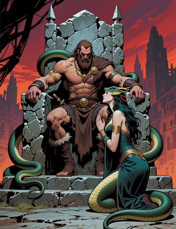Fantasy illustration: Muscular barbarian king sits on a cracked stone throne as a snake queen kne...