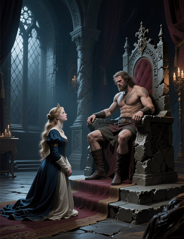 Kneeling medieval noblewoman faces a shirtless muscular king seated on an ornate stone throne in ...