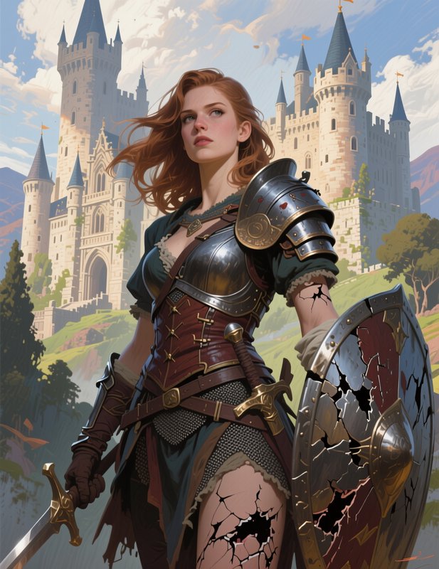 Red-haired female fantasy knight with battle armor holds a cracked shield and sword, standing bef...