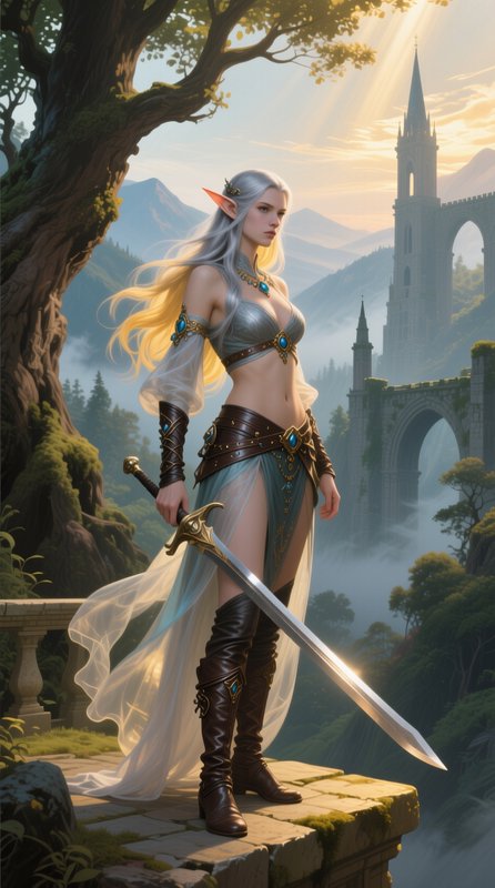 Silver-haired elven warrior with a sword stands on a cliff overlooking a misty fantasy castle at ...