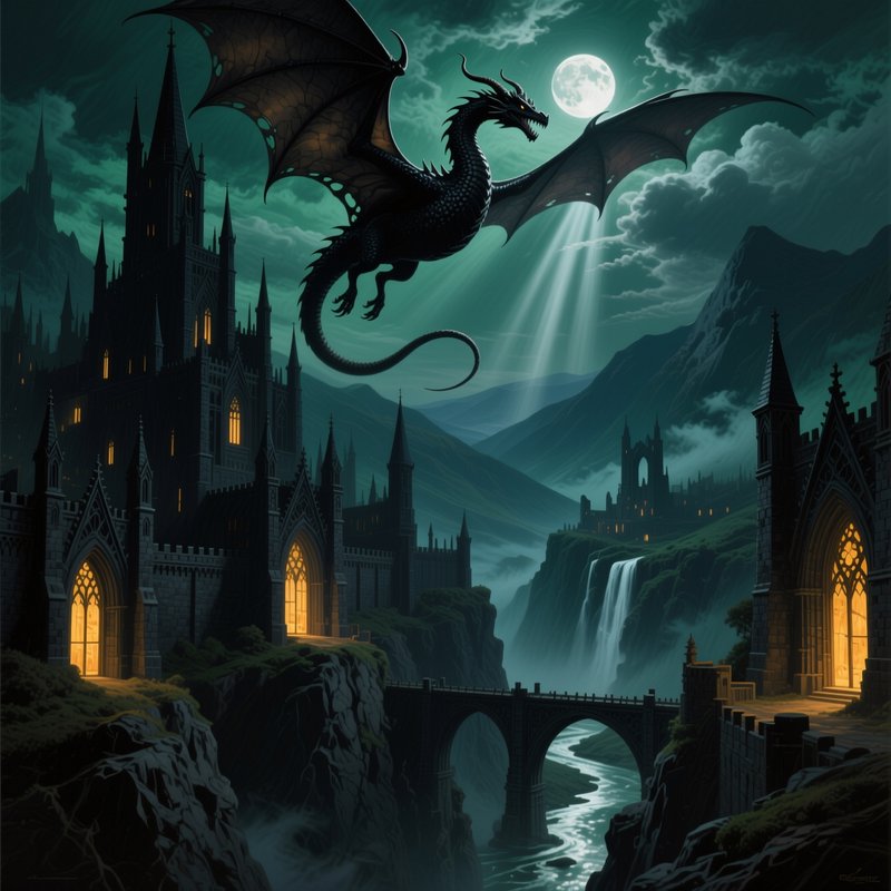 Menacing black dragon flies over gothic castles under a full moon in a misty mountain fantasy val...