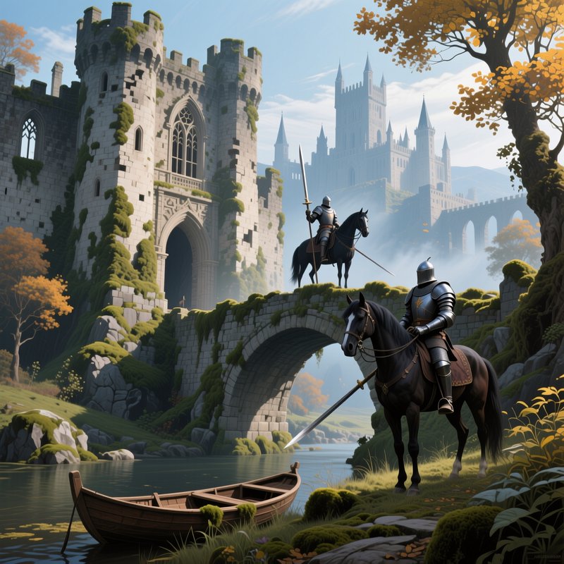 Two armored knights on horseback stand beside a mossy medieval castle stone bridge spanning a cal...