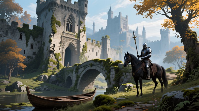 Armored knight on black horse stands beside mossy medieval castle, stone bridge, autumnal fantasy...