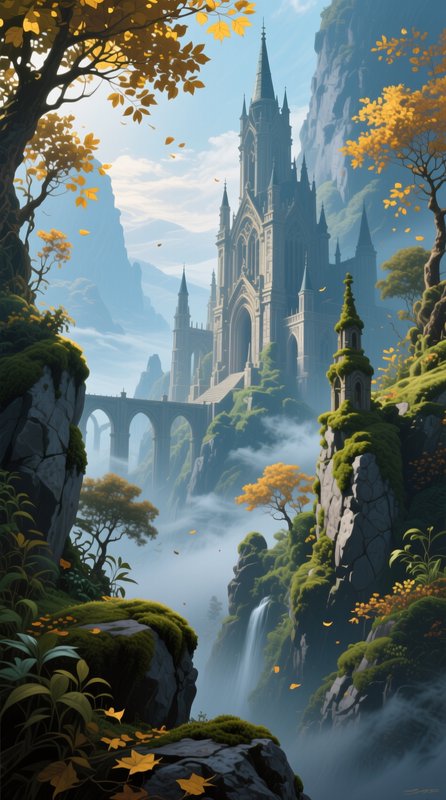 Ornate gothic fairytale castle perched on misty mountain cliffs, framed by golden autumn trees, s...