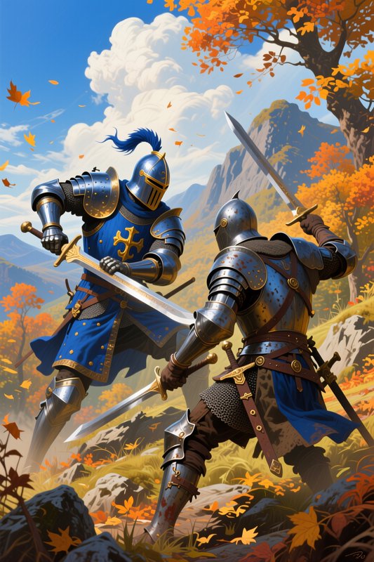 Two armored medieval knights duel with steel swords in a vibrant sunlit autumn mountain landscape...