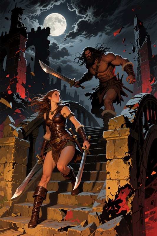 Female and male fantasy warrior duo wielding swords advance down crumbling castle stairs under a ...