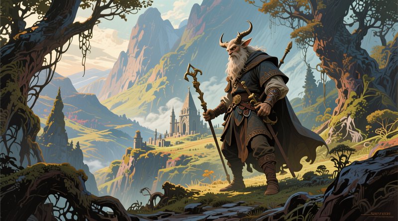 Horned elderly fantasy wizard holds an ornate gilded staff overlooking a castle in a sunlit mount...