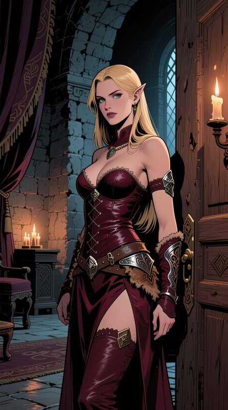 Comic style portrait of a blonde high elf in burgundy armor standing in a candlelit stone castle ...