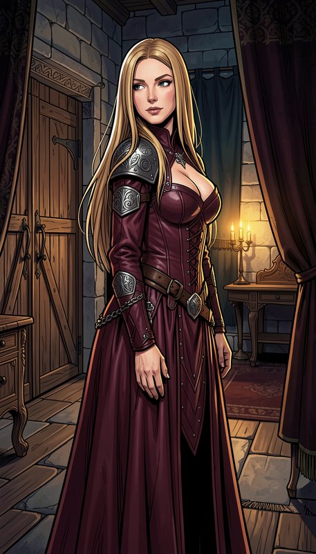 Comic style illustration of a blonde female fantasy warrior in burgundy armor, standing in a cand...