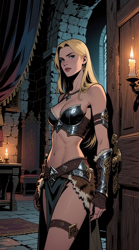 Comic art of a blonde fantasy warrior in fur-trimmed armor standing in a candlelit medieval castl...