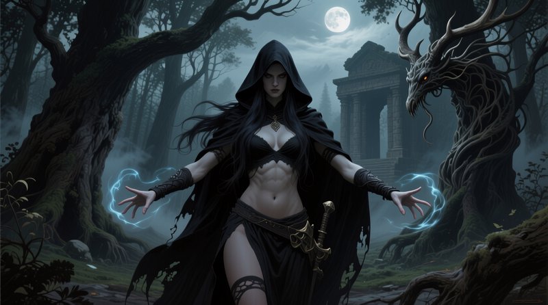Hooded dark sorceress summons glowing blue magic beside a horned forest dragon in a misty moonlit...