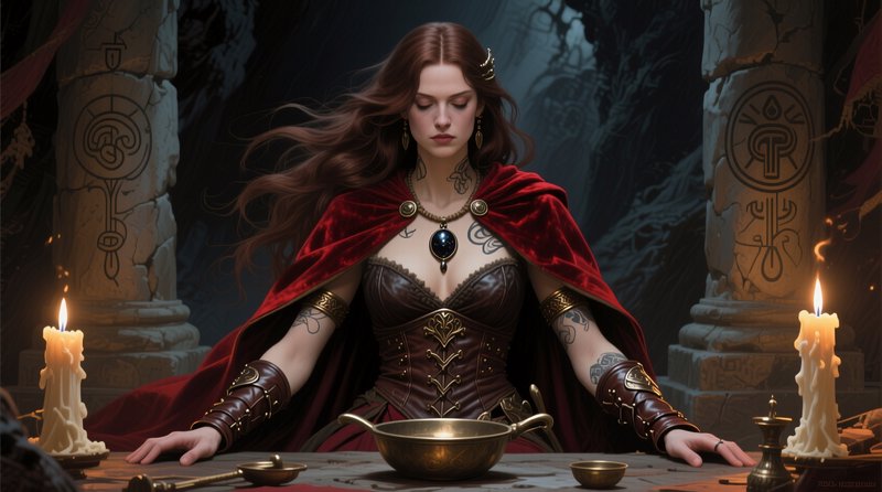 Red cloaked sorceress meditates over a ritual altar between rune carved pillars lit by melting ca...